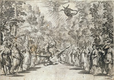 Apollo i ferd med å angripe pytonslangen, fra La Pellegrina av Girolamo Bargagli, gravert av Carracius av Italian School