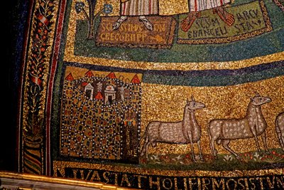 Apsis detalj, Jerusalem og sauer (mosaikk) av Italian School