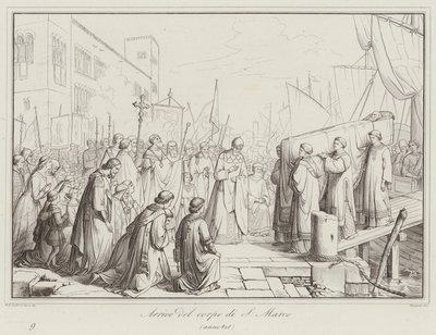 Ankomst av liket av St. Mark, 828 (gravering) av Italian School