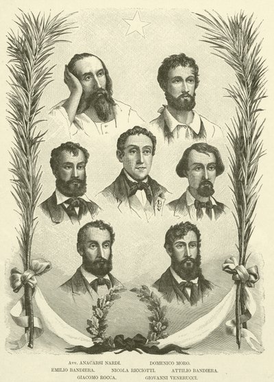 Avv Anacarsi Nardi, Domenico Moro, Emilio Bandiera, Nicola Ricciotti, Attilio Bandiera, Giacomo Rocca, Giovanni Venerucci (gravering) av Italian School