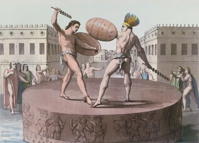 Aztekiske krigere i kamp på en Cuauhxicalli, ca. 1820 av Italian School
