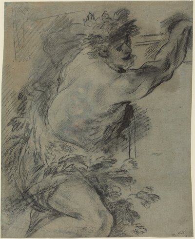 Bacchus (svart kritt med grå vask på blått papir) av Italian School