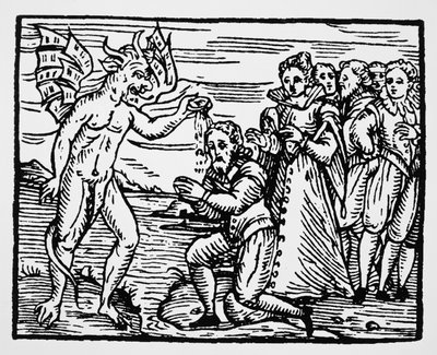 Baptism by the Devil, kopi av en illustrasjon fra Compendium Maleficarum av Fr M Guaccius, Milano 1608, brukt i History of Magic, utgitt sent på 1800-tallet av Italian School