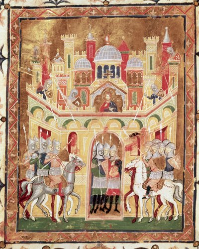 Kampscene ved Jerusalems murer, fra Descriptio Terrae Sanctae av Burcardus Theutonicus eller Burchard of Mount Sion av Italian School