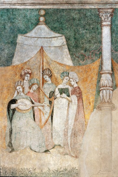 Bicocca degli Arcimboldi: freskomaleri fra 1400-tallet, detalj av kvinner som spiller musikk (fresko) av Italian School