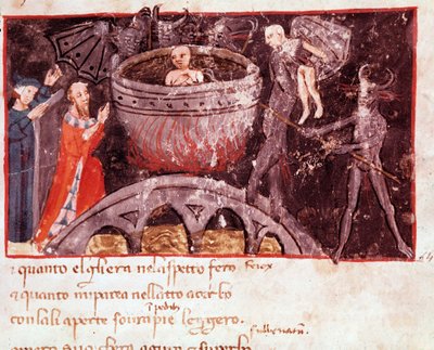 Bolgia of the counterfeiters (sang 21 fra Hell, in the Divine Comedy) - miniatyr av Italian School