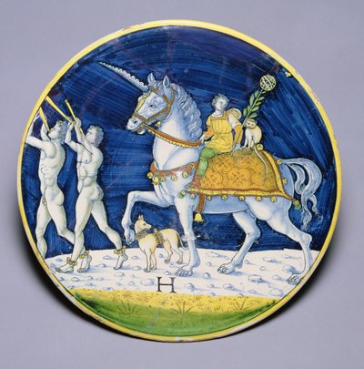 C.86-1927 Fat som viser Cæsars hest fra Cæsars triumf, tilskrevet Jacopo di Pietro, italiensk, fra Caffaggiolo av Italian School