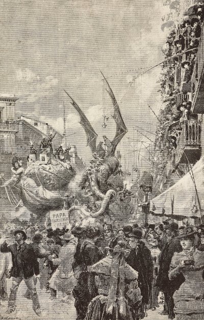 Vogner som paraderer under karnevalets siste dag, Napoli, Italia, gravering fra tegning av Matania, fra L'Illustration Italiana, nr. 10, 9. mars av Italian School