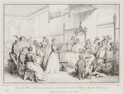Cassandra Fedele synger plutselige vers på banketten holdt av Doge Agostino Barbarigo ... (gravering) av Italian School