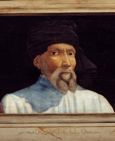 Cassone med 5 portretter av mesteren av den florentinske renessansen detalj med portrettet av Donatello (dit), Donato di Niccolo di Betto Bardi (1386-1466). Inskripsjonen nedenfor er sannsynligvis suksessiv. Musee du Louvre, Paris - Cassone-panel med f av Italian School