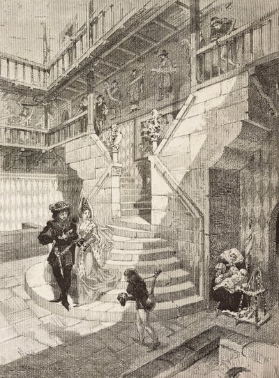 Slottsgård, middelalderlandsby i Torino, Italia, gravering av Bonamore fra L'Illustration Italiana, nr. 18, 4. mai av Italian School