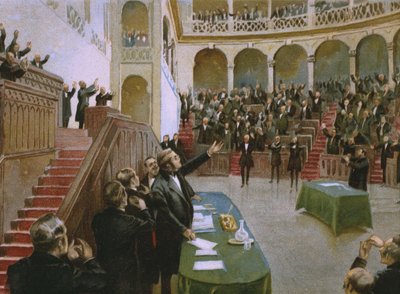 Cavour får det første italienske nasjonale parlamentet til å applaudere kong Victor Emmanuel II (1820-78) 18. februar 1861, illustrasjon fra et album om historien til Risorgimento laget for sjokoladen av Italian School