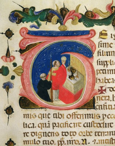 Feiring av eukaristien, fra en Mariegola fra lekmannslauget St. Hieronymus, ca. 1400 (blekk og bladgull på vellum) av Italian School