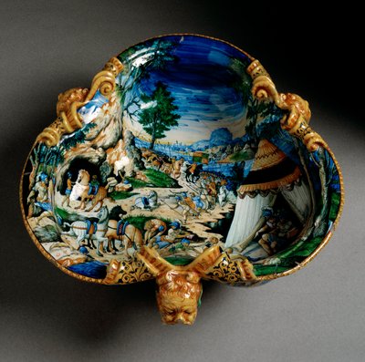 Keramisk kopp i form av en trefle dekorert av representasjonen av Hannibal under kryssingen av Alpene produsert i Urbino i verkstedet Fontana, Italia. 1550 rundt Firenze, Museo Nazionale del Bargello av Italian School