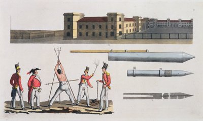 Chatham Barracks, en militær straff kalt Triangle and Congreve Rockets, plate 17 fra The History of the Nations (akvatint) av Italian School
