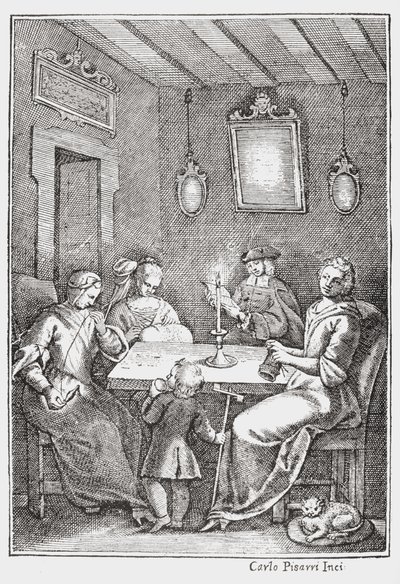 Chiaqlira leser historier til et syselskap, forsiden av The Pentamerone of Giambattista Basile, 1742 av Italian School