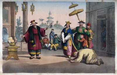 China - A theatrical performance in the open air - engraving from “” Usi e Costumi di Tutti i i Popoli dell