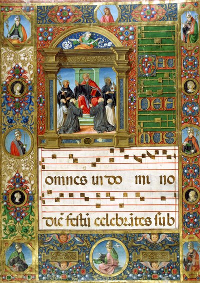Korminiatyr med St. Benedikt som forkynner for munker (pigment på vellum) av Italian School
