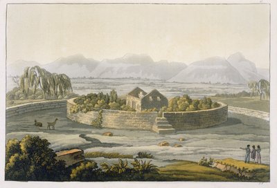 Sirkulær festning i Cannar, Peru, fra Le Costume Ancien et Moderne, bind II, plate 1, av Jules Ferrario, utgitt ca. 1820-30-tallet av Italian School