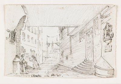 City Street i Genova, med fyret og havnen i bakgrunnen, tidlig på 1800-tallet (penn og brunt blekk over svart kritt) av Italian School