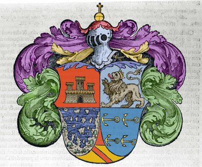 Våpenskjold til navigatøren Christopher Columbus (1451-1506): de fire delene av ecuen representerer øverst byen Castilla og León, under de avdekkede øyene og symbolankrene til admirauten. Gravering fra boken "" Navigationi og Viaggi"" av Italian School