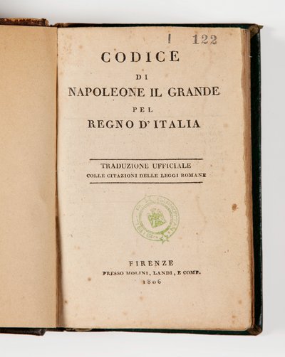 Kode for Napoleon den store for kongeriket Italia, åpen på tittelsiden, utgitt Firenze, Molini, Landi et Cie, 1806 (trykt papir) av Italian School