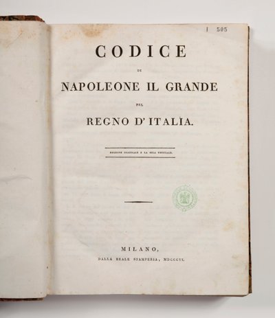 Kode for Napoleon den store for kongeriket Italia, åpen på tittelsiden, utgitt Milan, dalla reale Stamperia, 1806 (trykt papir) av Italian School