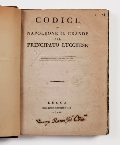 Kode for Napoleon den store for fyrstedømmet Lucca, første offisielle utgave, Lucca, Presso Bertini, 1806, og landlig kode for fyrstedømmene Lucca og Piombino, Lucca, Fr. Bertini, 1807 av Italian School
