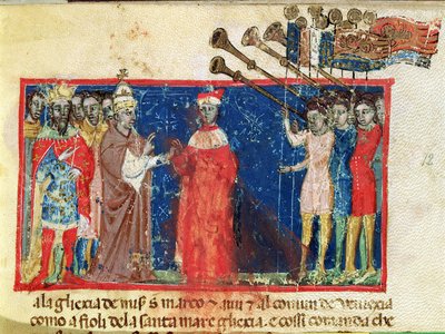 Codex Correr I 383 Doge Sebastiani Ziani mottar en begjæring fra pave Alexander III (1159-81) og keiser Frederick Barbarossa (ca. 1123-90) av Italian School