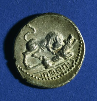 Mynt av de kursive stammene som viser en okse som angriper den romerske ulven, 89-90 f.Kr. (sølv) av Italian School