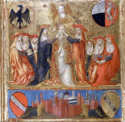 Kroningen av Pius II (Enea Silvio Piccolomini) (1405 til 1464). Italiensk pave (1458 - 1464). I underetasjen ligger den befestede byen Siena. Bicherna (omslaget til regnskapsregisteret til byen Siena) fra 1460. Nasjonalarkivet - Museo delle Tavolette de B av Italian School