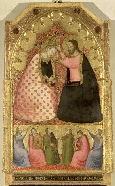 Coronation of the Virgin, altertavle med et predella-panel som viser engler som spiller musikkinstrumenter, florentinsk (panel) av Italian School