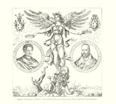 Cosimo I og Alexander de Medici, Faksimile av en gravering av Martin Rota, etter British Museum Print (gravering) av Italian School