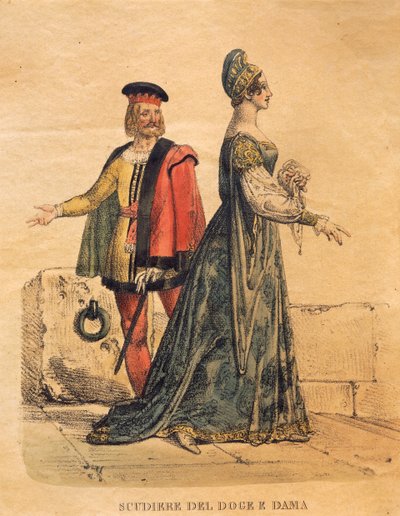 Kostymedesign for en dogeeier og en dame, fra 'Othello' av Gioachino Rossini (håndfarget litho) av Italian School