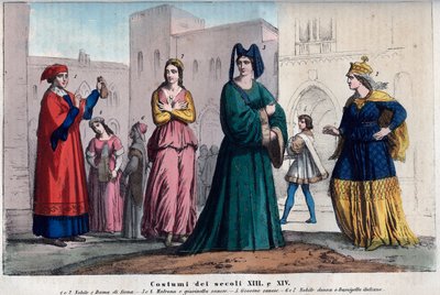 Kostymer i Siena mellom XIII og XIV århundre - klær i Siena mellom XIII og XIV århundre - gravering fra "" Usi e Costumes of All Peoples of the Universe. Det er historien om regjeringen, lovene, militsen, om religionen til alle n av Italian School