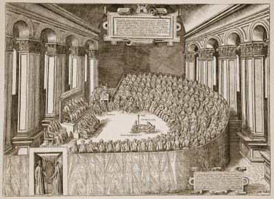 Council of Trent, 1563, fra en etsning publisert i Venezia i 1565, illustrasjon fra The Church of England: A History for the People av H.D.M. Spence-Jones, pub. ca. 1910 (sepia-bilde) av Italian School