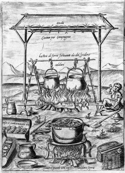 Landskjøkken: gryter og gryter settes på brann. Gravering fra "Opera", bok om gastronomi delt i 6 deler, av Bartolomeo Scappi, personlig kokk til pave Pius V. Venezia av Italian School
