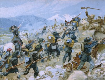 Krimkrigen og slaget ved Chernaya, 16. august 1855, illustrasjon fra et album om Risorgimentos historie laget for sjokoladen Talmone, sent på 1800-tallet av Italian School