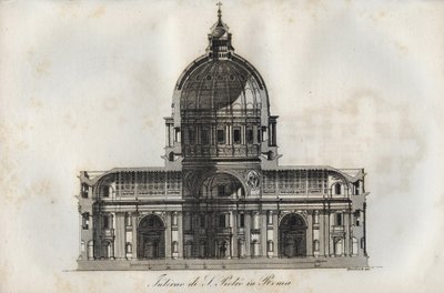 Tverrsnitt av Peterskirken (St. Peters basilika) i Roma - gravering fra "" skikker og tradisjoner til alle folkeslag i universet. Det er historien om regjeringen, lovene, militsen, om religionen til alle nasjoner fra de fjerneste tider til av Italian School