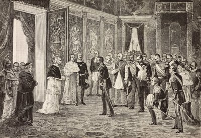 Kronprins av Tyskland (fremtidig Frederick III) blir mottatt av pave Leo XIII i tronrommet, Vatikanet, gravering fra tegning av Ximenes fra skisse av Dal Don, fra L