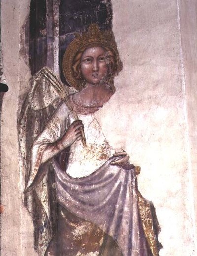 Kronet figur som holder et palmeblad, muligens en engel (fresco) av Italian School