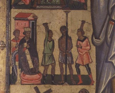 Crucifixion with Stories of the Passion: detalj som viser Kristi flagellasjon, School of Lucca (tempera på panel) av Italian School