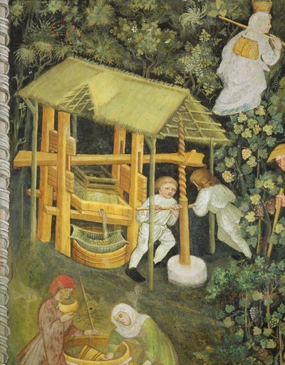Knusing av druer. Vinpressen (fresco) av Italian School