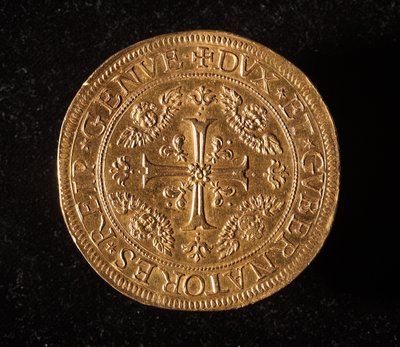 Republikken Genes valuta: 25 doble gullmynter. Diam.52,5 mm. 1694. Foran. Genes Museums of Strada Nuova (inv. 6457) av Italian School