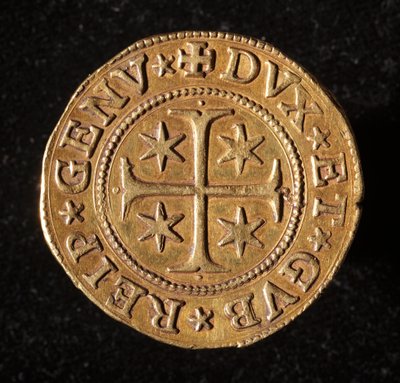 Valutaen til republikken gener: fem gull dobbel mynt. Diameter 41 mm. 1642. Foran. Genmuseer i Strada Nuova av Italian School