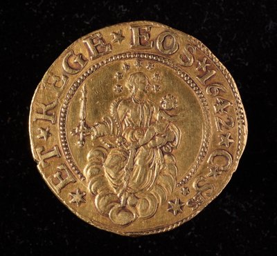 Valutaen til republikken gener: fem gull dobbel mynt. Diameter 41 mm. 1642. tilbake. Genmuseer i Strada Nuova av Italian School