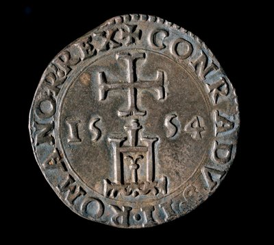 Valutaen til republikken gener: sølvteston (eller testone) av velsignelsen. Front som representerer Genova-portalen under et kors. 1554 Genes, Musei di Strada Nuova av Italian School