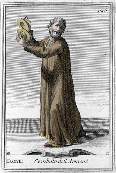Cymbaler av armensk musikkinstrument med perkusjon. Gravering fra "Gabinetto Armonico pieno d'Instromenti", studie på musikkinstrumenter, av Jesuite Filippo Bonanni (1658-1723) 1725. av Italian School