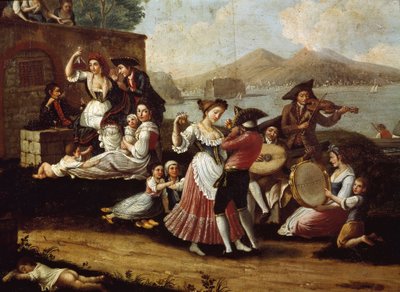 Dansescene og populær fest i Napoli Dancers of tarantella (tarantella, tarantella). Anonymt maleri. Napoli fra 1700-tallet, nasjonalmuseet i San Martino av Italian School