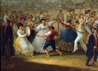 Dansescene og populær fest i Napoli Dancers of tarantella (tarantella, tarantella). Anonymt maleri. Napoli fra 1700-tallet, nasjonalmuseet i San Martino av Italian School